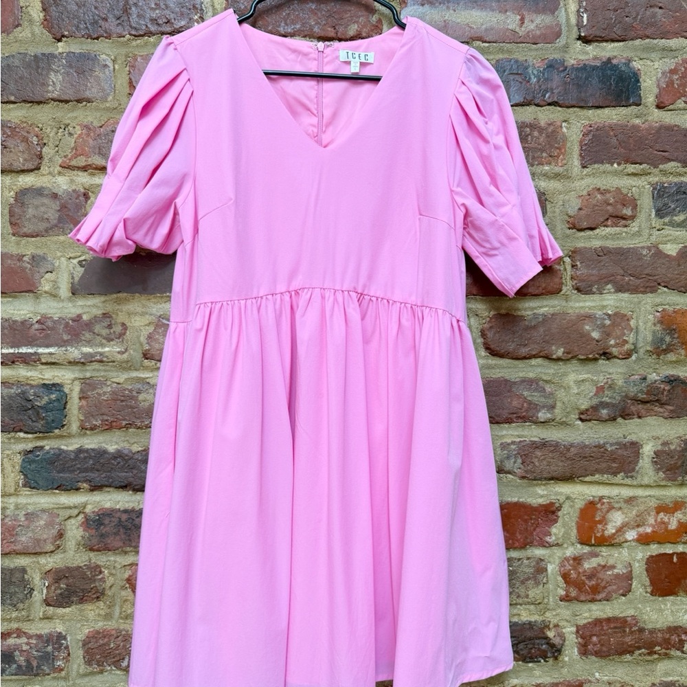 TCEC Playful Pink Puff Sleeve V-Neck Party Dress